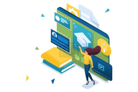 Illustration for Young people are engaged in online training using a tablet. Concept of online education. 3d isometric. Concept for web design. - Royalty Free Image