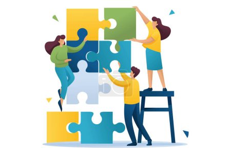Illustration for Young people connecting puzzle elements, teamwork, cooperation, partnership. Flat 2D character. Concept for web design. - Royalty Free Image