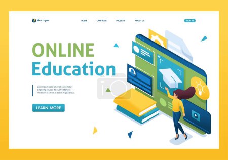 Illustration for Young people are engaged in online training using a tablet. Concept of online education. 3d isometric. Landing page concepts and web design. - Royalty Free Image