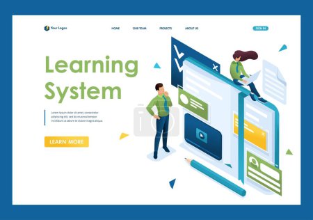 Illustration for Young people are engaged in self-education, online training. Concept of teaching people. 3d isometric. Landing page concepts and web design. - Royalty Free Image