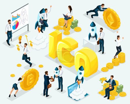 Photo for Isometric business concept ico blockchain infographic, cryptocurrency mining, startup project, vector illustration. - Royalty Free Image