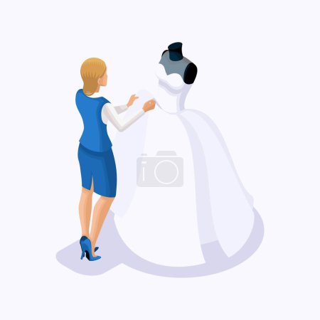 Téléchargez les illustrations : Isometric est un ensemble de tailleurs coudre des robes de mariée, un client sur une robe ajustée. Coudre la meilleure et luxueuse robe de mariée dans l'atelier set 2
. - en licence libre de droit