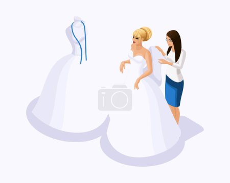Téléchargez les illustrations : Isometric est un ensemble de tailleurs coudre des robes de mariée, un client sur une robe ajustée. Coudre la meilleure et luxueuse robe de mariée dans l'atelier ensemble 4
. - en licence libre de droit