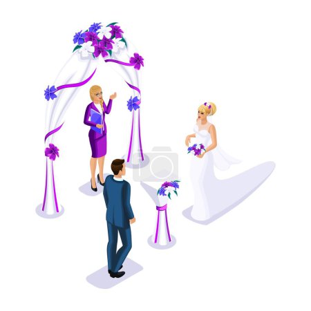 Téléchargez les illustrations : Isométrie visite cérémonie de mariage, mariée et marié enregistrement du mariage, employé du bureau d'enregistrement conclut mariage
. - en licence libre de droit