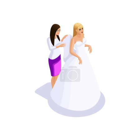 Téléchargez les illustrations : Femme isométrique se préparant pour le mariage, la mariée sur l'installation des robes dans le studio de couture pour créer une robe de mariée, l'atelier de couture
. - en licence libre de droit