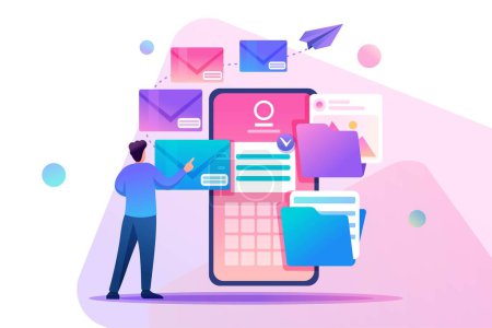 Illustration for Young man creates New email message, send mail notification. New incoming message. Flat 2D character. Concept for web design. - Royalty Free Image