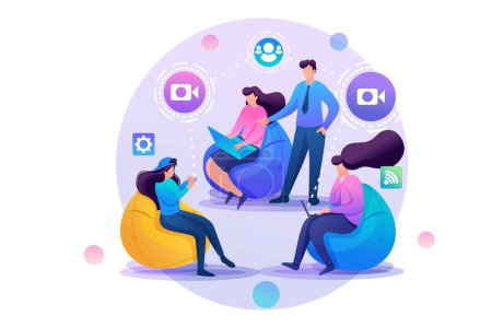 Illustration for Group of young people communicate, video broadcast on the Internet, online conference. Flat 2D character. Concept for web design. - Royalty Free Image