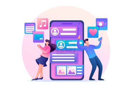 Illustration for Young people correspond in a social network, online chat. Send photos and videos to each other. Flat 2D character. Concept for web design. - Royalty Free Image