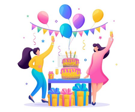 Photo for Birthday party with friends. People carry gifts, balloons, a large cake with candles, dance and celebrate the holiday. Flat 2D character. Concept for web design. - Royalty Free Image