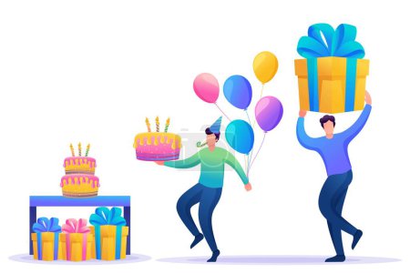 Photo for Birthday party with friends. People carry gifts, cake and balloons. Vivid illustration. Flat 2D character. Concept for web design. - Royalty Free Image