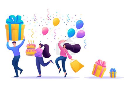 Photo for Holiday party with friends. People carry gifts, balloons, a cake with candles, dance and celebrate the holiday. Flat 2D character. Concept for web design. - Royalty Free Image