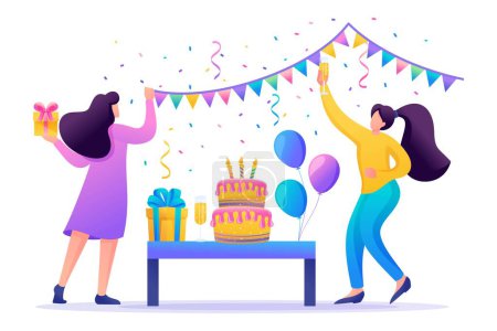Photo for Girls prepare a surprise party, organization of holidays. Decorate the hall, prepare gifts. Flat 2D character. Concept for web design. - Royalty Free Image