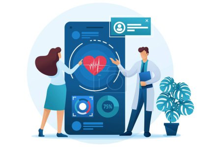 Illustration for Doctor shows the patient how to use the application to maintain health. Flat 2D character. Concept for web design. - Royalty Free Image