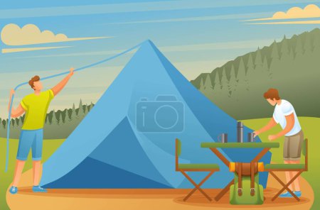 Ilustración de Los jóvenes del camping instalaron tiendas de campaña y prepararon comida. Ilustración vectorial. Carácter plano 2D
. - Imagen libre de derechos