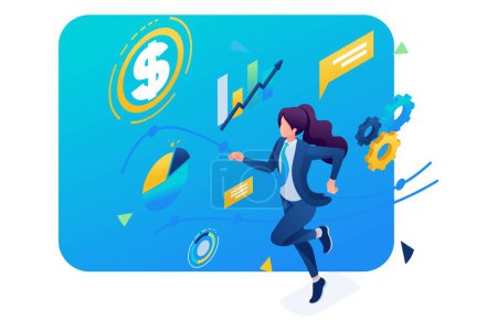 Illustration for Business lady is committed to success, runs on a planned schedule. 3D isometric. Concept for web design. - Royalty Free Image