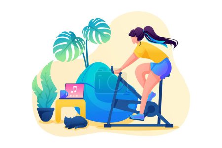 Illustration for Girl is engaged in sports at home, Cycling. Flat 2D character. Concept for web design. - Royalty Free Image