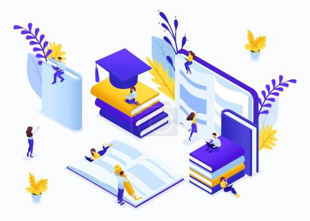 Illustration for Website Template Landing page Isometric concept e-learning for second higher education, self-study, advanced training. Easy to edit and customize. - Royalty Free Image