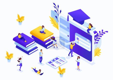 Illustration for Isometric business concept e-learning for second higher education, self-study, advanced training. Great concept for a Landing page. - Royalty Free Image