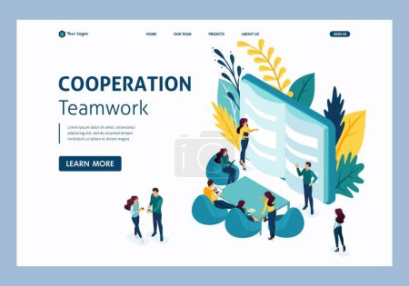 Illustration for Isometric Training of office staff. Increase sales and skills. Team thinking and brainstorming. Analytics of company information. Website Template Landing page. - Royalty Free Image