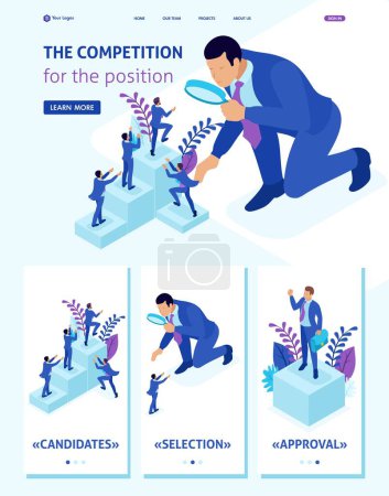 Illustration for Isometric Website Template Landing page competitive struggle for career growth, businessman looks at candidates through a magnifying glass. Adaptive 3D. - Royalty Free Image