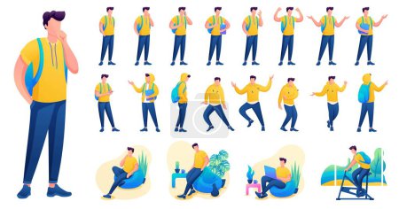 Illustration for Presentation in various poses and actions character. Young Men. 2D Flat character vector illustration N3. - Royalty Free Image