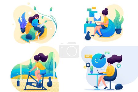 Illustration for Set 2D Flat on the topic of women's self-isolation, work at home, sports. For Concept for web design. - Royalty Free Image