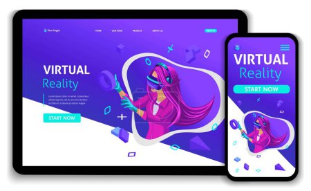 Ilustración de Plantilla Sitio Web Isométrico Landing page concept VR virtual reality concept girl augmented glasses. Fácil de editar y personalizar, sensible
. - Imagen libre de derechos
