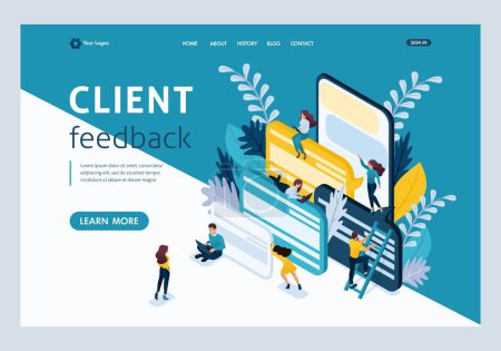 Illustration for Website Template Landing page Isometric concept young entrepreneurs, customer Reviews and comments. Easy to edit and customize. - Royalty Free Image