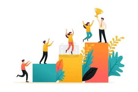 Illustration for Young businessman has achieved success, ladder of success, Leadership. Flat 2D character. Concept for web design. - Royalty Free Image