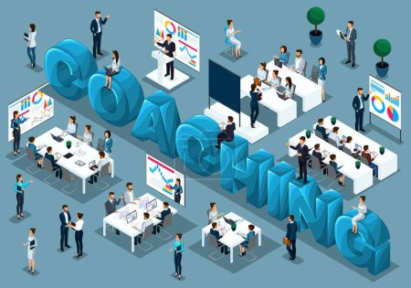 Illustration for Isometric cartoon people vector, 3d businessmen, concept of training staff, coach on demand teaches, staff at lecture, great word coaching vector illustration. - Royalty Free Image