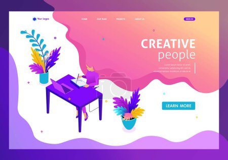 Photo for Isometric Bright concept Freelancer works remotely. Place an order and get paid. Website Template Landing page. - Royalty Free Image