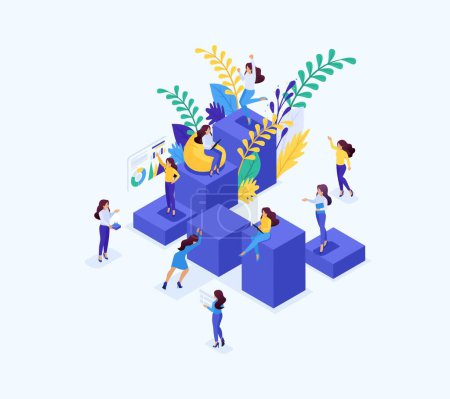 Illustration for Isometric concept career ladder for women, success in big business. Business lady succeeds. Concept for web design. - Royalty Free Image