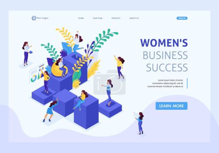 Illustration for Isometric concept career ladder for women, success in big business. Business lady succeeds. Website Template Landing page. - Royalty Free Image