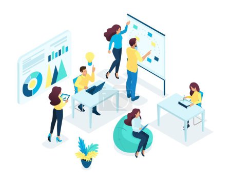 Illustration for Isometric concept of a young team, teamwork, business idea development, brainstorming, startup. The concept of web design. - Royalty Free Image