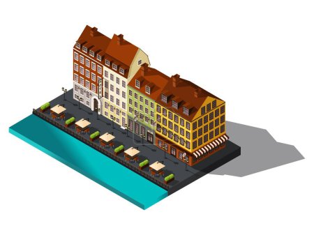 Illustration for Isometric icon, 3d street from old dov by the sea, hotel, restaurant, Denmark, Copenhagen, Paris, the historic center of the city, old buildings. - Royalty Free Image