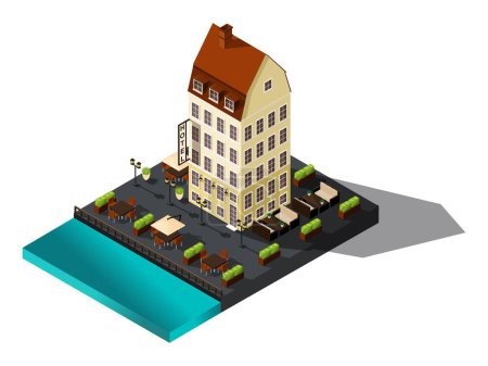 Illustration for Isometric icon, 3d ancient house by the sea, hotel, Denmark, Copenhagen, Paris, historical city center, old building for vector illustrations. - Royalty Free Image