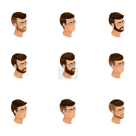 Illustration for Isometric icons of the head of the hairstyle, 3D faces, eyes, lips, male emotions. Qualitative isometry of people for vector illustrations. - Royalty Free Image