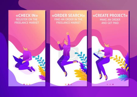 Photo for Isometric Template app Bright concept Freelancer works remotely. Place an order and get paid, smartphone apps. Easy to edit and customize. - Royalty Free Image