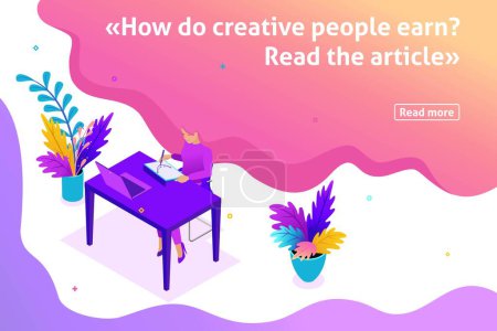 Photo for Template article banner, Isometric Bright concept Freelancer works remotely. Place an order and get paid. - Royalty Free Image