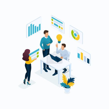 Illustration for Isometric concept idea, brainstorming, teamwork, young entrepreneurs in the office. Modern vector illustration concepts for website. - Royalty Free Image