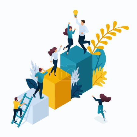 Illustration for Isometric concept young entrepreneurs in office, start up project, successful business, ladder to success. Modern vector illustration concepts for website. - Royalty Free Image