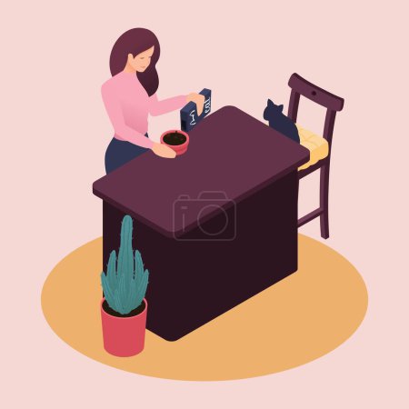 Photo for Isometric a young woman spends the weekend at home, taking care of Pets friend cat food for cats, kitchen. Color vector illustration in flat style. - Royalty Free Image
