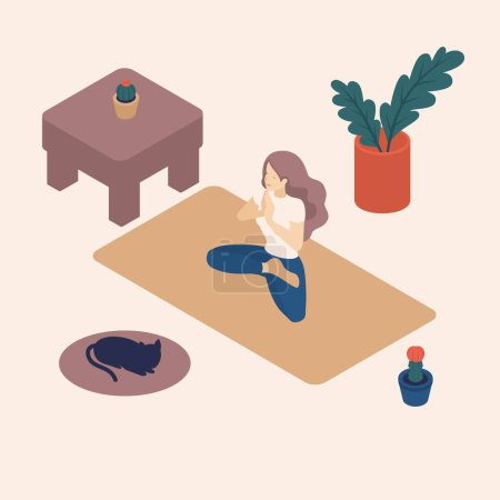 Illustration for Isometric young woman in her free time, at home, practicing yoga, asana. Great concept for a blank page site, web design. - Royalty Free Image