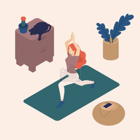 Illustration for Isometric young woman in her free time, at home, practicing yoga, pose, cat. Great concept for a blank page site, web design. - Royalty Free Image