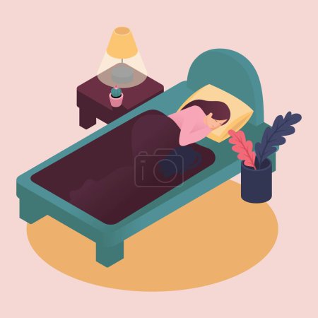 Photo for Isometric young woman sleeping alone in bed at home with cat taking care of pet. Color vector illustration in flat style. - Royalty Free Image