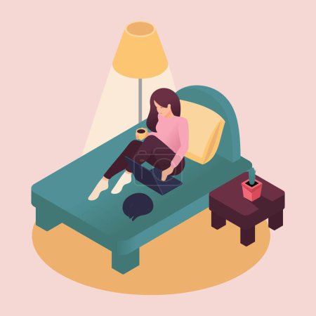 Illustration for Isometric young woman working at home sitting on bed with laptop taking care of pet. Color vector illustration in flat style. - Royalty Free Image