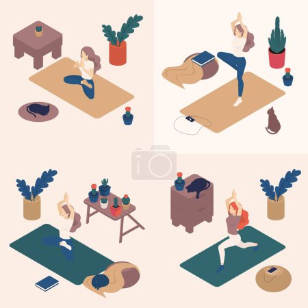 Illustration for Isometric young women in their free time, doing yoga, posture, asana. Great concept for a blank page site, web design. - Royalty Free Image