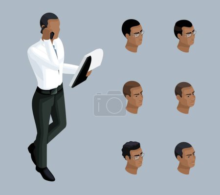 Photo for Qualitative Isometry, a 3D businessman speaks on the phone, a man is African-American. Character, with a set of emotions and hairstyles for creating illustrations. - Royalty Free Image