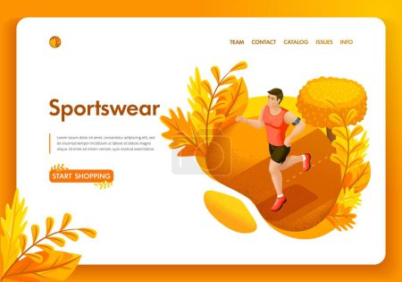 Illustration for Website template design. Isometric concept autumn man running in the park. Sportswear and equipment store. Easy to edit and customize. - Royalty Free Image