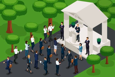 Illustration for Qualitative Isometry, 3D characters in the park at a presidential candidate rally. Vector game concept and for advertising presentations. - Royalty Free Image